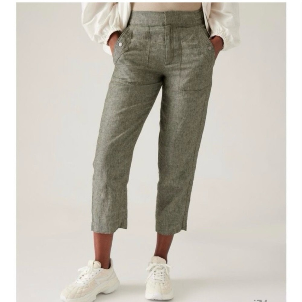 Athleta Voyager Linen Crop Pants Women’s Size 10 Tapered Cuffed Elastic Waist